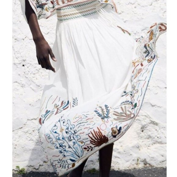 Zara Sea-Life Embroidered Long Cotton Skirt  Ecru XL - Picture 6 of 16